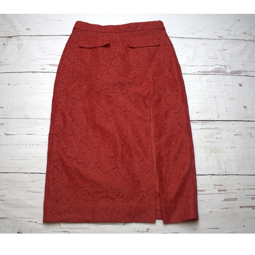 J.Crew Lace Midi Skirt Rust Red Pencil Front Slit 4 Holiday Wedding Guest - Picture 3 of 9